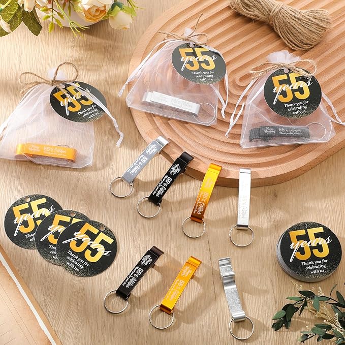 Dandat 54 Sets 55th Birthday Party Favors for Guests Birthday Beer Opener Keychain Cheers to 55 Bottle Opener Keychain with Thank You Cards and Gift Bags for Anniversary Wedding Party Favors
