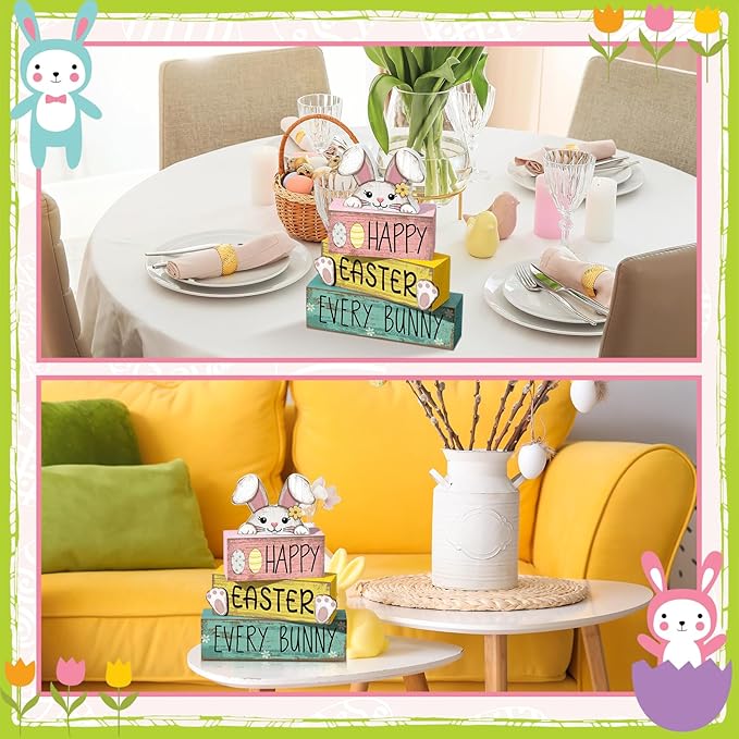 4 Pcs Easter Table Decorations Bunny Tiered Tray Decor Wooden Bunny Block Signs Gifts Happy Easter Centerpiece for Tables Wood Rabbit Tabletop Signs for Kitchen Home Shelf Office Decor