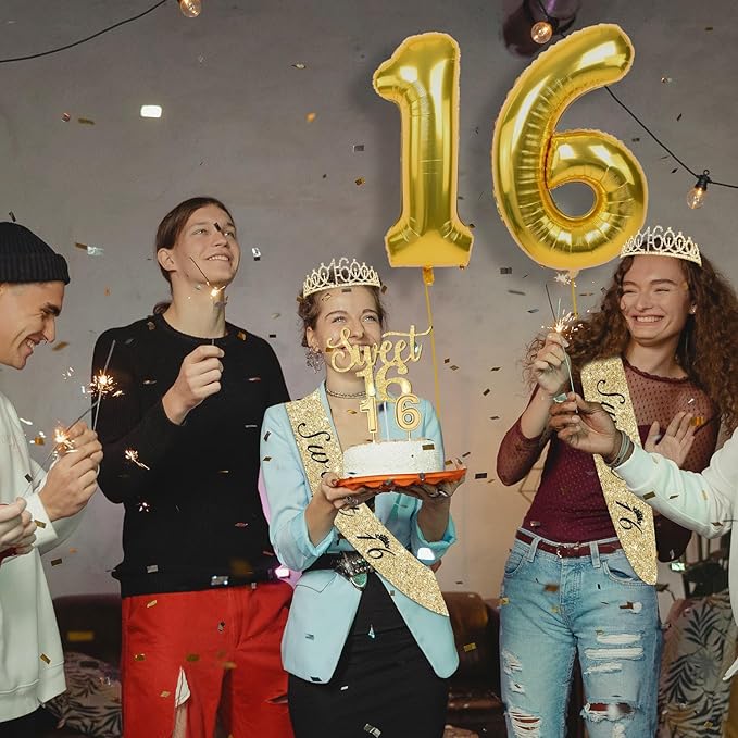16th Birthday Decorations for Girls Gold with Sweet 16 Sash and Tiara, Cake Topper and Candles, Number Balloons, Sweet 16 Party Decoration Gifts