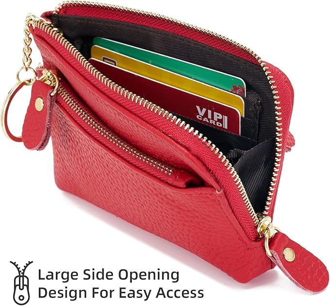 Genuine Leather Coin Purse for Women with Large Opening & Wrist Strap Navy (Red)