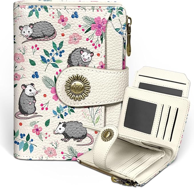 Possum Wallet Women Small RFID Blocking Bifold, Credit Card Holder, Zipper Coin Pocket, Funny Opossum, Cute, PU Leather, Compact, Travel, 14 Card Slots, Cash Purse, Ladies Woman Female Girls