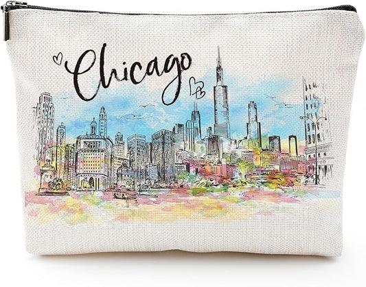 Chicago Souvenirs Travel Essentials - Watercolor Chicago City Gifts for Woman, American Souvenirs Gift Makeup Bag for Purse, Travel Essentials Makeup Bags, Homewarming Birthday Gifts