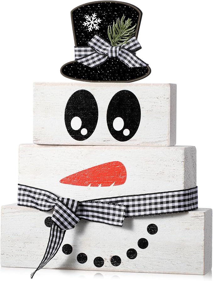 4 Pcs Winter Table Decoration Wooden Snowman Decor Black and White Winter Tiered Tray Decor Rustic Snowman Face Wood Block Sign Gift Christmas Centerpiece Farmhouse for Wonderland Home