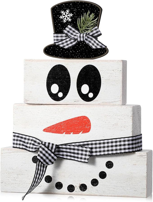 4 Pcs Winter Table Decoration Wooden Snowman Decor Black and White Winter Tiered Tray Decor Rustic Snowman Face Wood Block Sign Gift Christmas Centerpiece Farmhouse for Wonderland Home