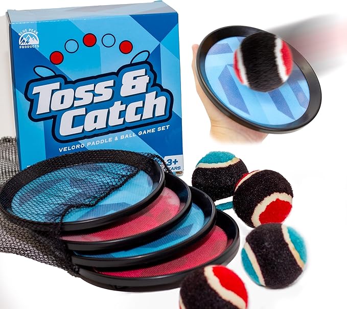Toss and Catch Ball Set - Modern Ball and Catch Game with 4 Paddles and 4 Balls. Toss and Catch Game for Beach with Mesh Storage Bag - Durable Modern Design