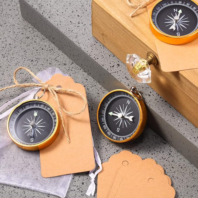TaoBary 60 Pcs Compasses Valentines Day Wedding Party Favors Set, 2026 Mini Compass Souvenir Nautical with Kraft Tags and Organza Bag for Guests Birthday Nautical Travel Party Souvenir Gift(Gold)