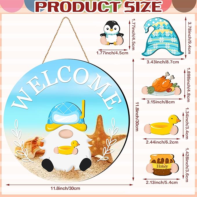 Seasonal Gnome Wall Decor Set, 11.8 inch Autumn Wooden Round Sign with Interchangeable Holiday Hats, Welcome Door Hanging (Blue-3)