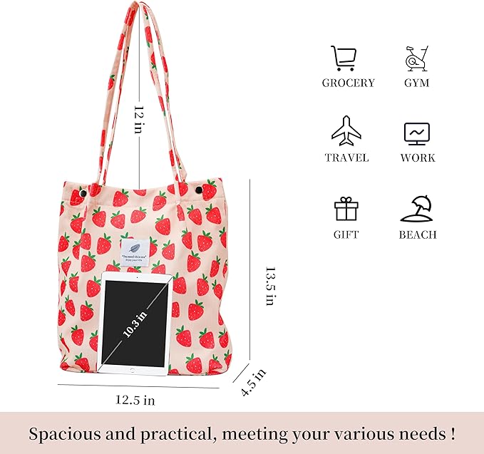 Corduroy Tote Bag Cute Tote Bags for Women Shoulder Bag with Inner Pocket for Work Beach Travel and Shopping Grocery