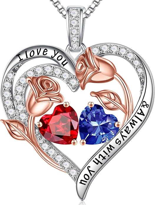 Iefil Valentines Day Gifts for Her - 925 Sterling Silver Rose Heart Birthstone Necklace Birthday Anniversary Jewelry Gifts for Her Wife Mom Daughter