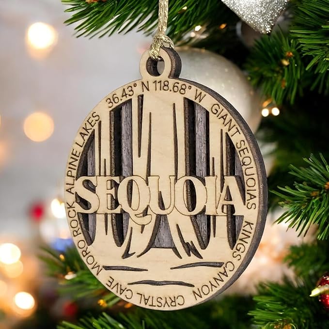 Sequoia National Park Rustic 3" Wood Ornament - Handmade in USA, Laser Cut Christmas Decoration with Forest Scene