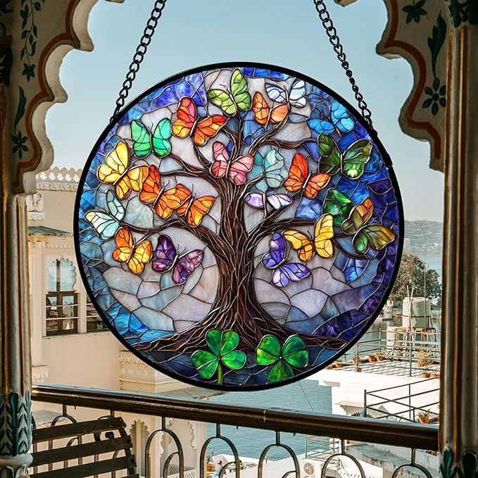 Stained Glass Window Hanging, Butterfly Tree Clover Sun Catchers Glass Panel Blue Suncatcher Decor for Birthday for Women, Men, Wife, Aunt, and Mom 14.9x14.9 in