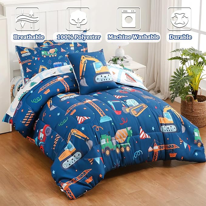 6 Pcs Bed in A Bag Twin Comforter Set for Boys,Construction Excavator Comforter,Truck Bedding Sets with Sheets for Kids