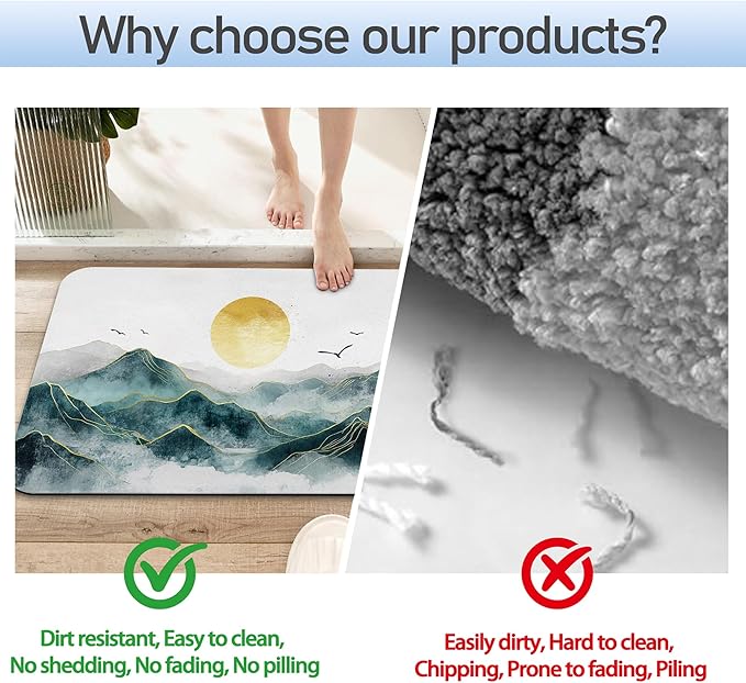 Mountain with Sun Fast Drying Absorbent Bathroom Mat, Non-Slip Rubber Backing Thin Low-Profile Bath Rug, Easy-Clean Bathroom Floor Mat for Shower, Bathtub, Kitchen, or Entryway