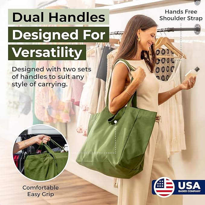 VeraMia Canvas Grocery Bag 3pc XL Set with Real Pockets, Long Shoulder Strap and Short Handle. Heavy Duty, Foldable, Washable