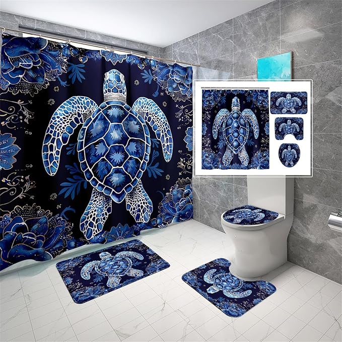 4 Pcs Sea Turtle Shower Curtain - Cartoon Animal Shower Curtain Ocean Theme Curtain with Rug,Toilet Cover and Bath Mat with 12 Hooks