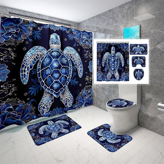 4 Pcs Sea Turtle Shower Curtain - Cartoon Animal Shower Curtain Ocean Theme Curtain with Rug,Toilet Cover and Bath Mat with 12 Hooks