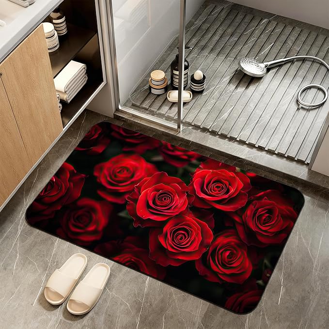 Non Slip Bath Mat,Red Roses Bathroom Decor,Floral Diatomaceous Bath Mat Quick Dry Absorbent Bathroom Rugs-Shower Rug for Kitchen Laundry Bathtub Shower 17"x29.5"