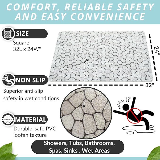 Enkosi Loofah Non-Slip Shower Mat - Shower Floors, Bathtub, Bathrooms, Wet Areas - Cushioned Bath Mat with Drain Holes - Quick Dry PVC, Secure Safety Pad Without Suction Cups (32x24 Pebble)