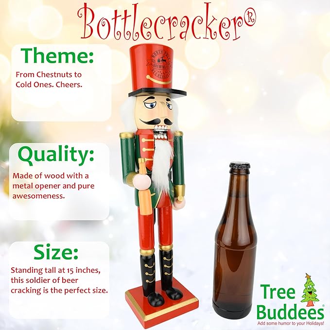 Tree Buddees Beercracker Bottle Opener Nutcracker 15" Tall Functional Bottle Opening & Festive Holiday Décor Bottlecracker – Funny Gift for Men, Beer Lovers & Holiday Parties