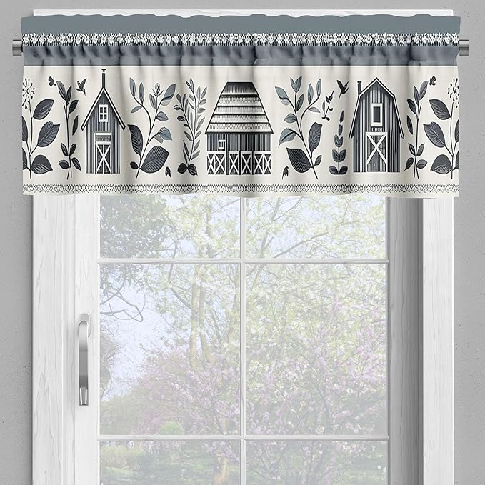 Ambesonne Farmhouse Valance & Tier Curtain 3 pcs Set, Classic Folk Style Barn Flowers Leaves and Roosters in Muted Colors, Window Treatments for Kitchen Room Decor, 55" x 24", Blue Grey and Off White