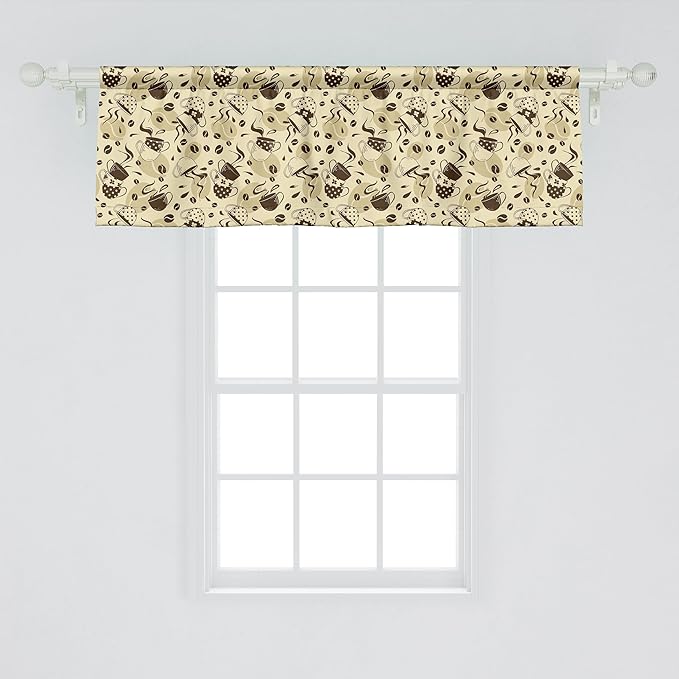 Ambesonne Modern Window Valance, Contemporary Coffee Cups Polka Dots and Beans Roasted Graphic Design, Curtain Valance for Kitchen Bedroom Decor with Rod Pocket, 54" X 18", Cream and Brown