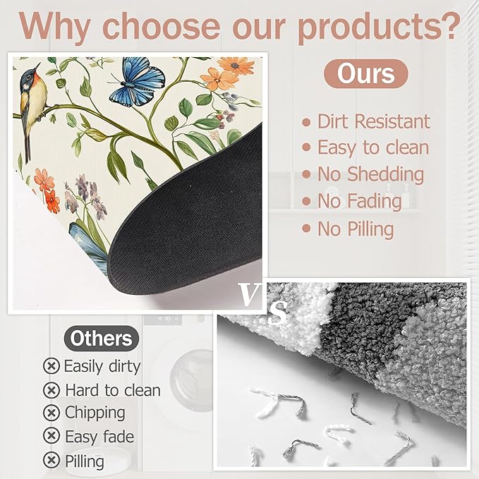 Diatomaceous Earth Bath Mat,Watercolor Birds Butterfly Bath Rugs,Non-Slip Thin Absorbent Fast Drying Easy to Clean for Bathroom Laundry Home Kitchen Door Mat 17x29.5Inch