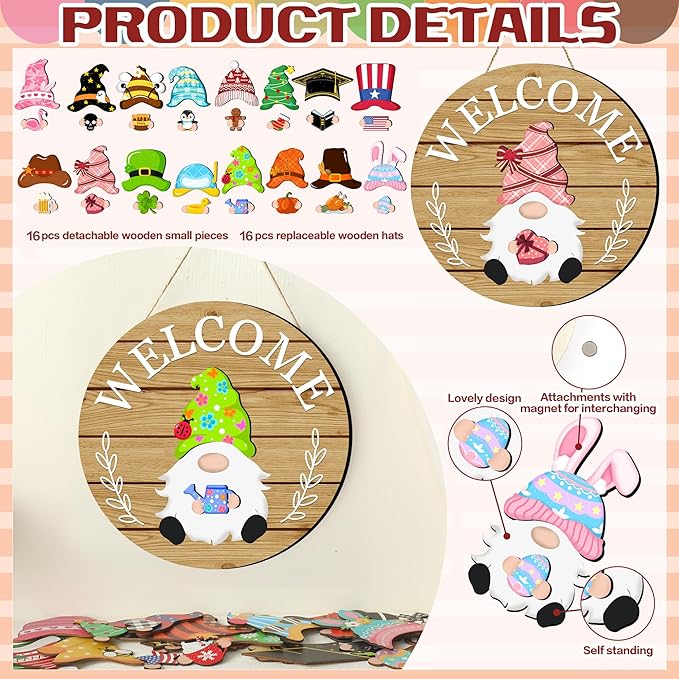 Veluckin Seasonal Gnome Wall Decor Set, 11.8 inch Autumn Wooden Round Sign with Interchangeable Holiday Hats, Thanksgiving Welcome Door Hanging (Light brown-3)