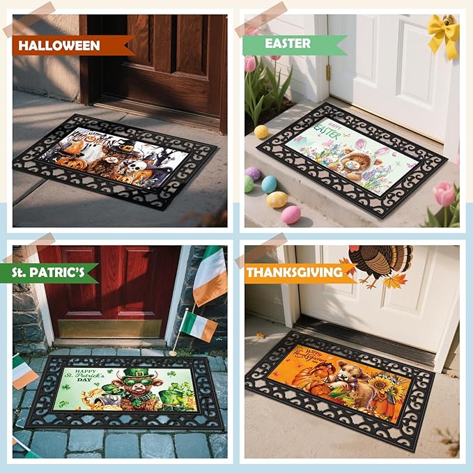 Nuanchu 12 Pcs Seasonal Door Mat Interchangeable Doormat Inserts Entrance Welcome Mats 22 x 10 Inches Non Slip Mats Gifts for Front Door Christmas Thanksgiving Decoration (No Frame)(Cow)