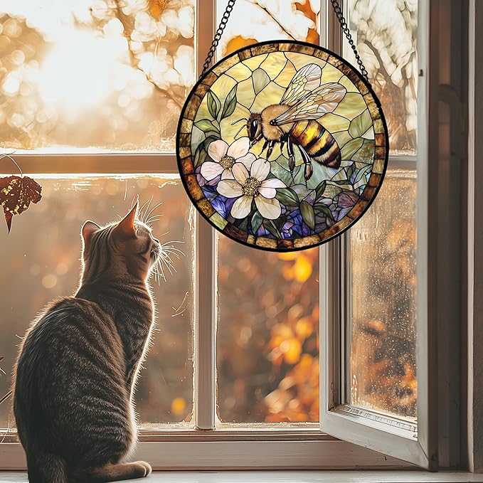 Stained Glass Window Hanging, Vintage Bee Yellow Flower Sun Catcher for Window Door Home Decor Suncatcher Christmas Mother's Day Birthday Gifts for Women Men Mom and Nana 6.3 in