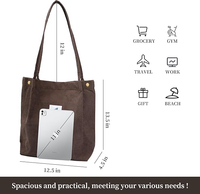 Corduroy Tote Bag Cute Tote Bags for Women Shoulder Bag with Inner Pocket for Work Beach Travel and Shopping Grocery