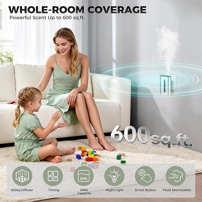 Smart Plug-in Scent Diffuser Set, Waterless Scent Diffusers Home, Cold Air Mist, Timer Control, and 3 Mist Intensity Settings, Suitable for Home, Office, and Small Spaces,White