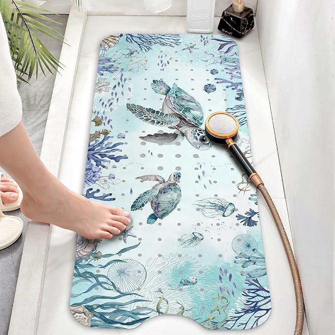 Bathtub Mat Non Slip, Turtle Extra Long Bath tub Mat Shower Floor Mat with Suction Cups and Drain Holes for Adults Kids Elderly 40 X 16 Inch