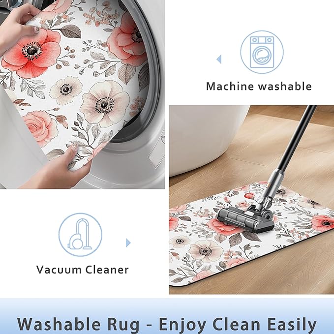 Vintage Poppy Flowers Bathroom Rug 29.5"x17", Super Absorbent Fast Drying Bath Mat with Non-Slip Rubber Backing, Thin Low-Profile Easy-Clean Bathroom Floor Mat for Shower or Tub