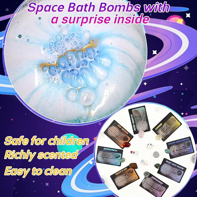 Galaxy Bath Bombs for Kids with Surprise Inside, 12pcs Planet Bath Bombs with Space Gemstones, Organic Essential Oil Bubble Bath for Kids Boys Girls Christmas Birthday Gift