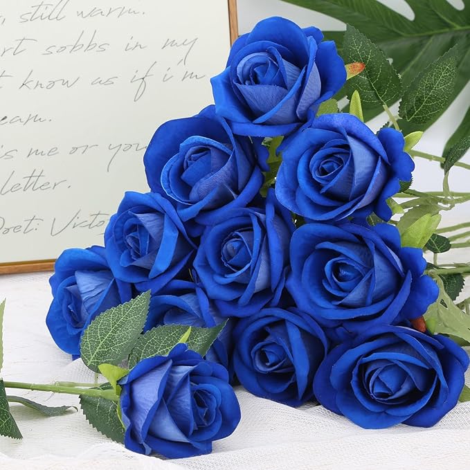 Roses Artificial Flowers, Fake Velvet Silk Roses with Stems for Indoor Outdoor Decor, Realistic Roses in Bulk for Wedding Centerpiece Party, Valentines Birthday (24,Blue)