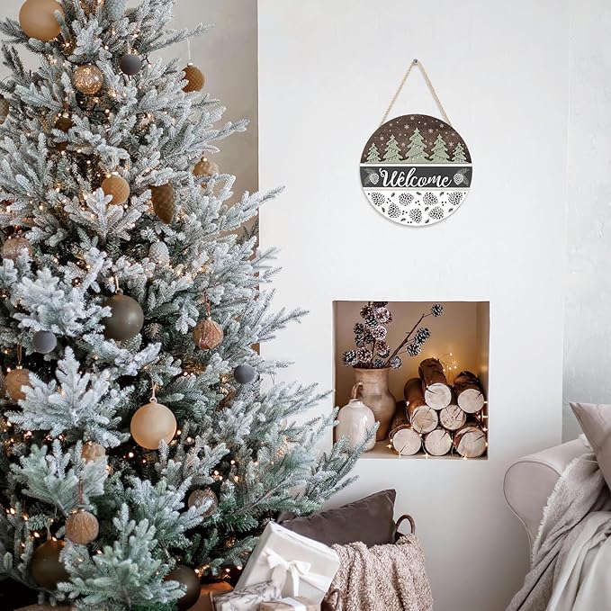 CHDITB Pinecone Welcome Winter Door Sign, Hanging Welcame Sign,Christmas Tree Welcome Door Sign, Christmas Xmas Decor, 3D Winter Wall Decor Hanging Xmas Round Sign for Home Decor