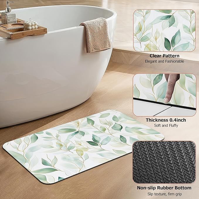 Eucalyptus Leaves Bathroom Rugs,Bath Mats for Bathroom,Sage Green Leaf Low Pile Absorbent Bath Mat,Rubber Backing Non Slip Washable Thin Quick Dry Door Mat 17x29.5 Inch