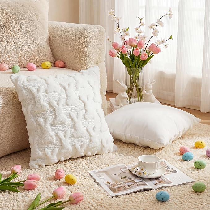 AVOIN colorlife Easter Rabbits Cream White Throw Pillow Covers, 18 x 18 Inch Bunny Soft Plush Faux Fur Jacquard Cushion Case Decoration for Sofa Couch Set of 2