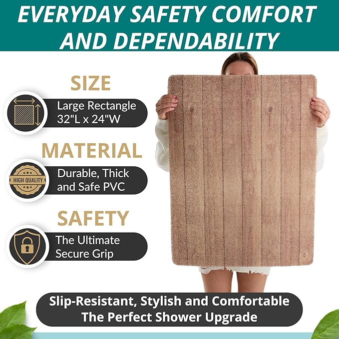 Enkosi Loofah Non-Slip Shower Mat - Shower Floors, Bathtub, Bathrooms, Wet Areas - Cushioned Bath Mat with Drain Holes - Quick Dry PVC, Secure Safety Pad Without Suction Cups (32x24 Teak Wood)