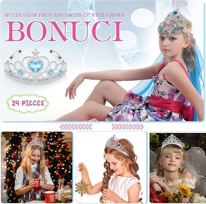 Zhanmai 24 Pcs Tiara Crown Set Princess Crown for Girls Plastic Tiaras Dress up Costume Party Favor Accessories Kid Birthday (Blue, Purple, Pink, Rose Red, Yellow, Green)