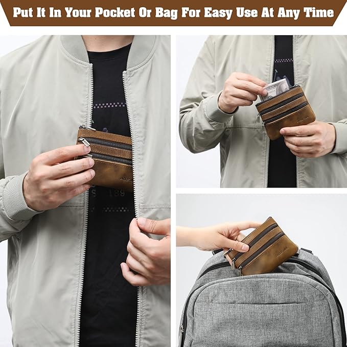 Jack&Chris Coin Purse Pouch for Men, Genuine Leather Coin Purse Zipper Pocket with Keychain Ring, Coin Bag for Men,JC301-8