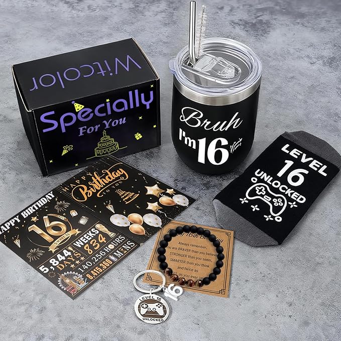 16th Birthday Gifts For Boys,16 Year Old Boy Birthday Gifts Ideas with 12 Oz Tumbler, Funny Socks,Birthday Card, Bracelet, Keychain,Coolest Gifts for Boys Son Grandson Nephew Friend Birthday