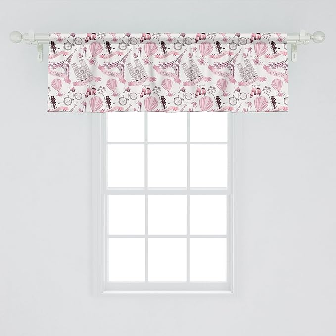 Ambesonne Paris Window Valance, Valentines Day Theme with Eiffel Kissing Couple Hot Air Balloon Wedding Concept, Curtain Valance for Kitchen Bedroom Decor with Rod Pocket, 42" x 18", Pink Rose