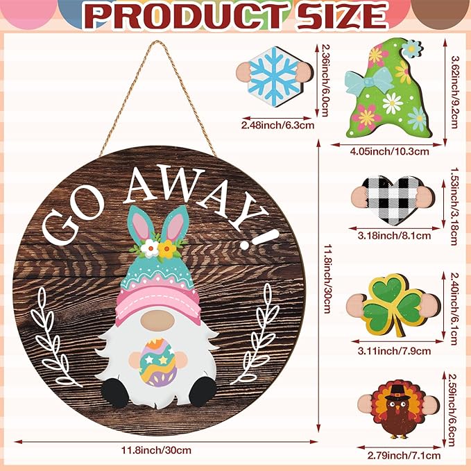 Easter Seasonal Gnome Wall Decor Set, 11.8 inch Wooden Round Sign with Interchangeable Holiday Hats, Go Away Door Hanging (Attractive)