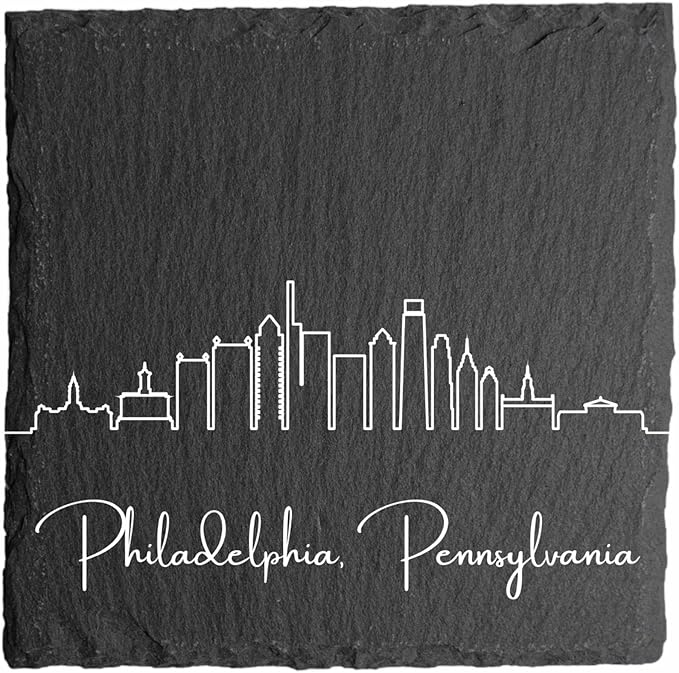 Blue Ridge Mountain Gifts - Philadelphia PA Skyline Coasters, Set of 4 - Philadelphia Pennsylvania Souvenir, Slate Coasters with Minimalist Skyline, Housewarming Gift for Friends, Family, & Neighbors