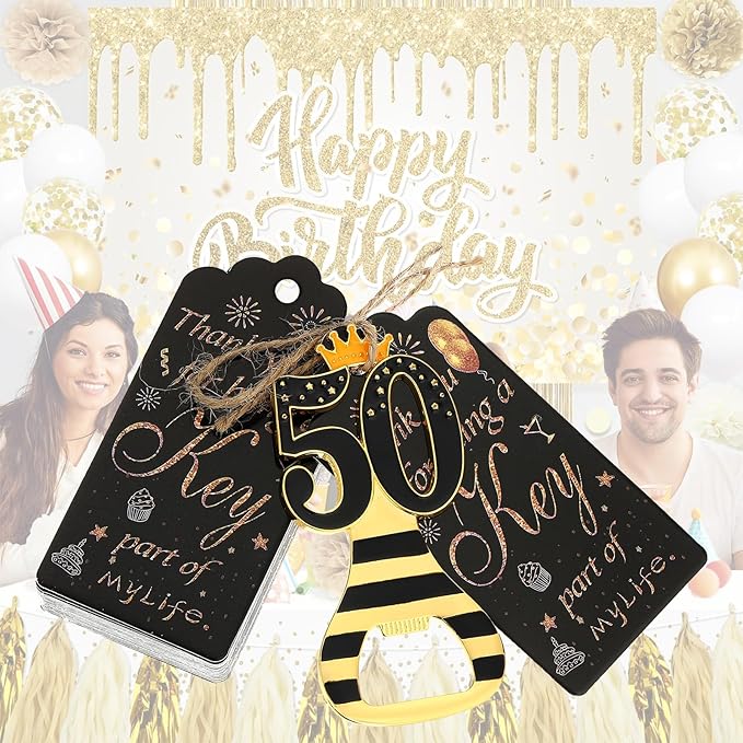 24pcs 50th Gold Keychain Bottle Opener 50th Birthday Party Favors, 50 Keychain Beer Bottle Opener Favors Anniversary Souvenirs Return Gifts for Guests Party Decor Supplies (black 50)
