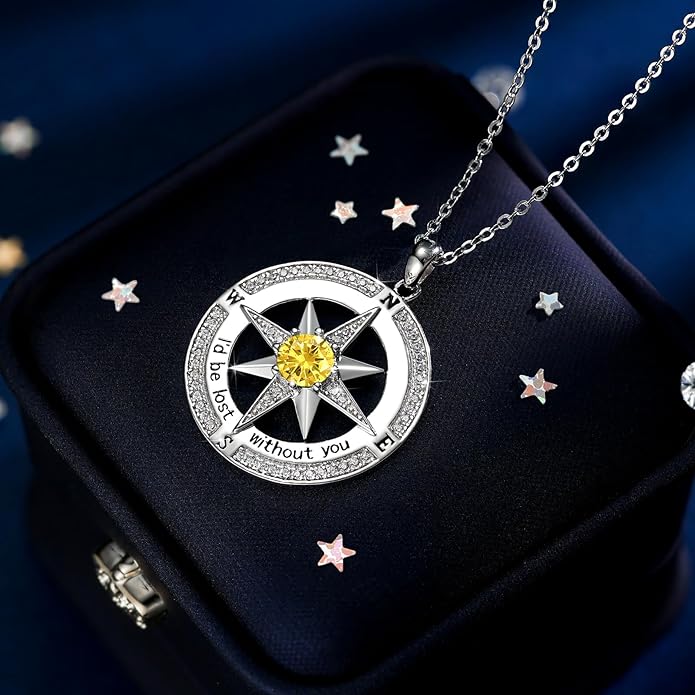 S925 Necklace Birthstone Compass Gift for Women Jewelry Sterling Silver Necklace for Wife Wedding Anniversary Girlfriend Birthday Gifts for Her Valentines Day Mom Mothers Day
