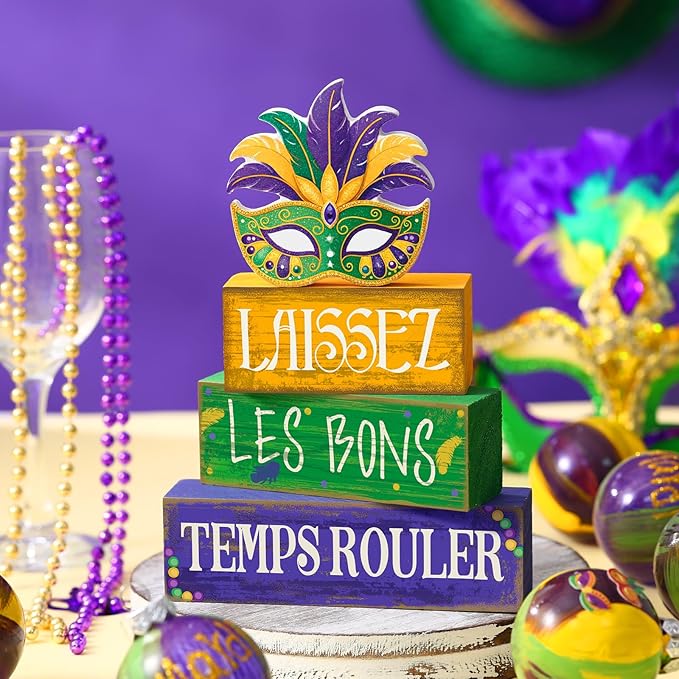 4 Pcs Mardi Gras Wooden Tabletop Decor Tiered Tray Decor Centerpiece Rustic Decorative Block Signs Gift Farmhouse Table Decoration for Home Kitchen