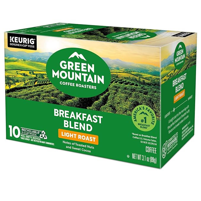 Green Mountain Coffee Roasters Breakfast Blend, Keurig Single Serve K-Cup Pods, Light Roast Coffee, 60 Count, (6 Packs of 10)