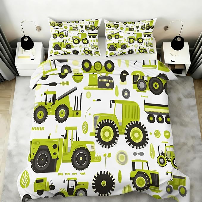 Engineering Vehicle Duvet Cover Full Size Cartoon Tractor Bedding Set Agricultural Vehicle Comforter Set Farm Machinery Car Duvet Cover Soft Microfiber for Bedroom